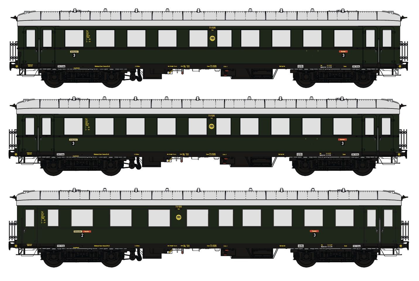 Set besteht aus: Eilzugwagen 2x 3.-Klasse, 1x 2./3.-Klasse neue Nummern, DRG, RAL 6008 braungrün, Ep. II